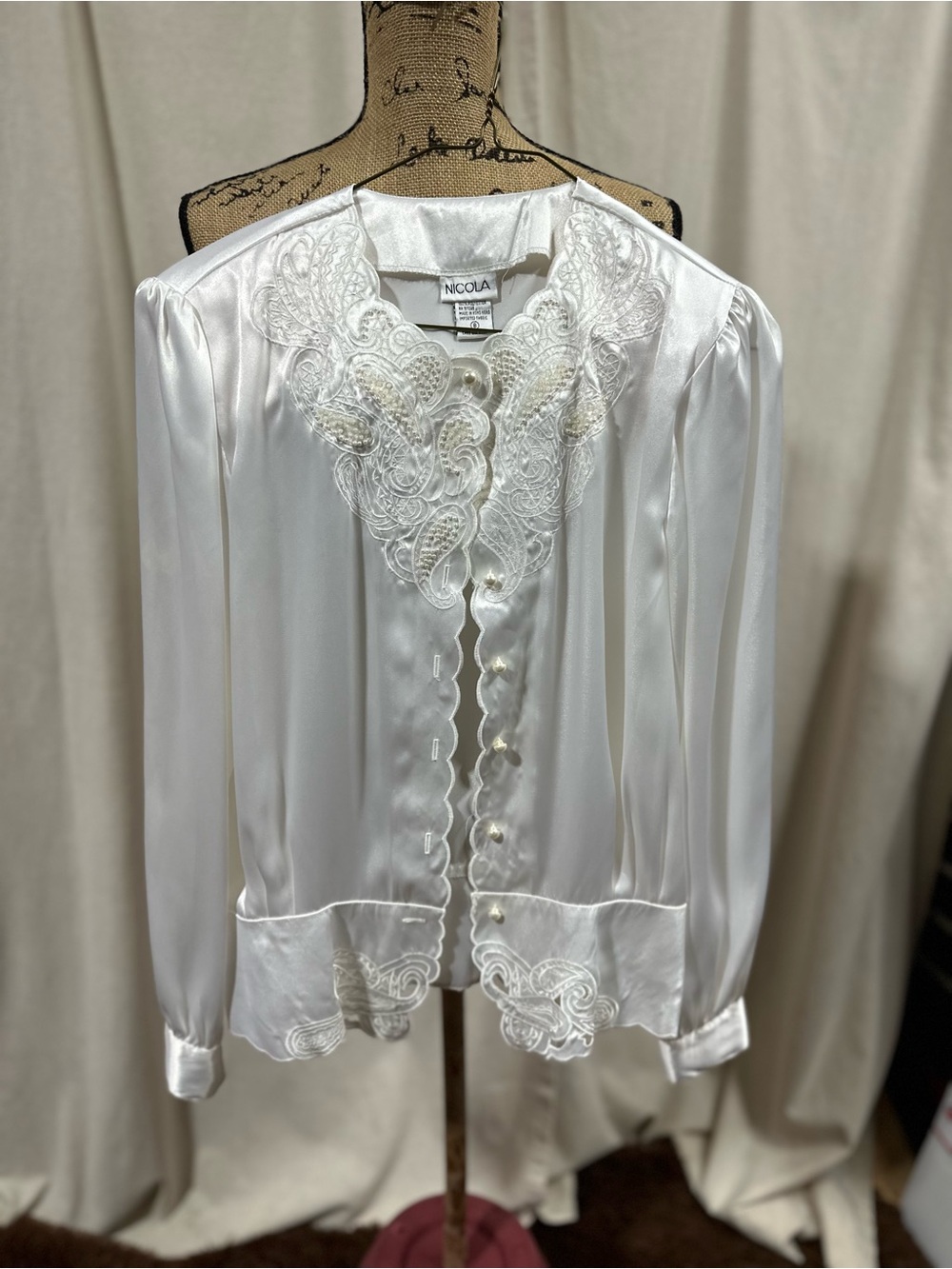 Vintage 80’s Nicola White Satin Lace-Trim Button Front Blouse